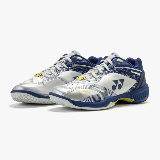 Yonex Power Cushion 65 Z VA men's shoes in Silver/Navy, front three-quarter view of pair