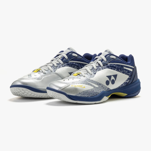 Yonex Power Cushion 65 Z VA men's shoes in Silver/Navy, front three-quarter view of pair