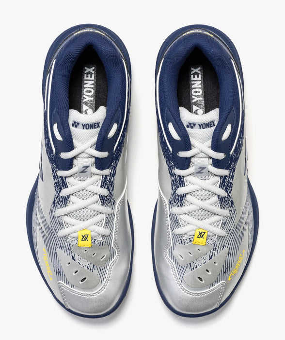 Yonex Power Cushion 65 Z VA men's shoes in Silver/Navy, top view of laces and collars