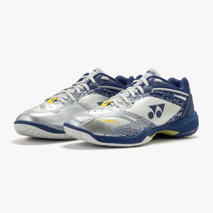 Yonex Power Cushion 65 Z VA Wide badminton shoes in Silver/Navy, pair, three-quarter front view