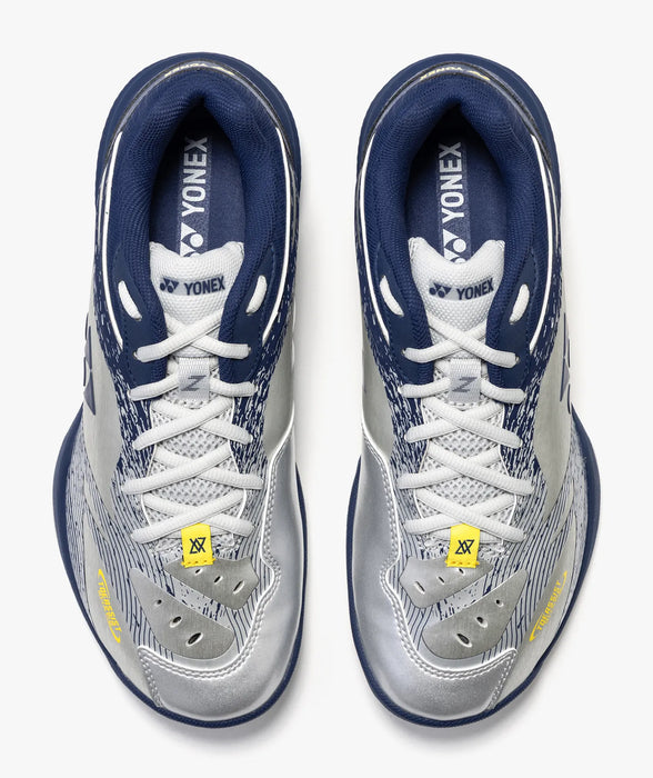 Yonex Power Cushion 65 Z VA Wide badminton shoes in Silver/Navy, top view showing laces and padded collars