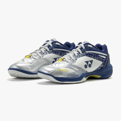 Yonex Power Cushion 65 Z VA women's badminton shoes in Silver/Navy, front three-quarter view of pair