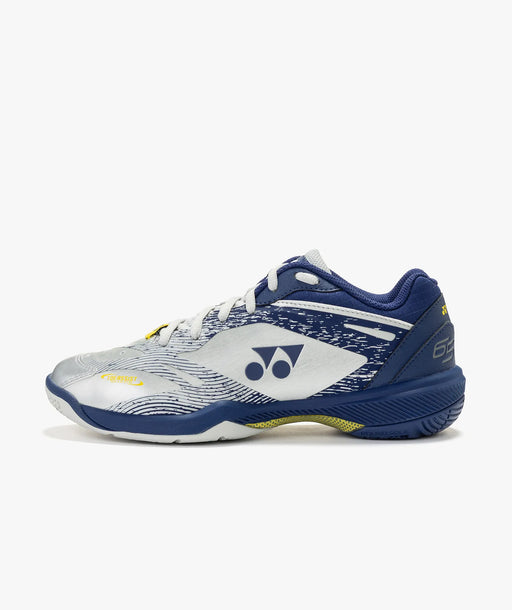 Yonex Power Cushion 65 Z VA women's badminton shoes in Silver/Navy, outer side profile