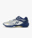 Yonex Power Cushion 65 Z VA women's badminton shoes in Silver/Navy, outer side profile