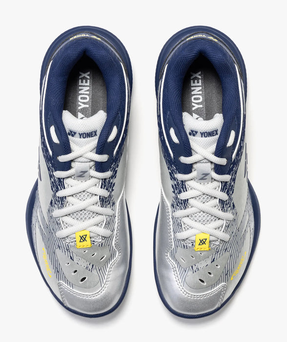 Yonex Power Cushion 65 Z VA women's badminton shoes in Silver/Navy, top view of pair and laces
