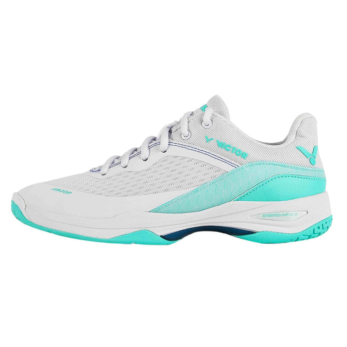 Victor A900F Women's Badminton Court Shoe (Bright White & Cockatoo Green) on sale at Badminton Warehouse